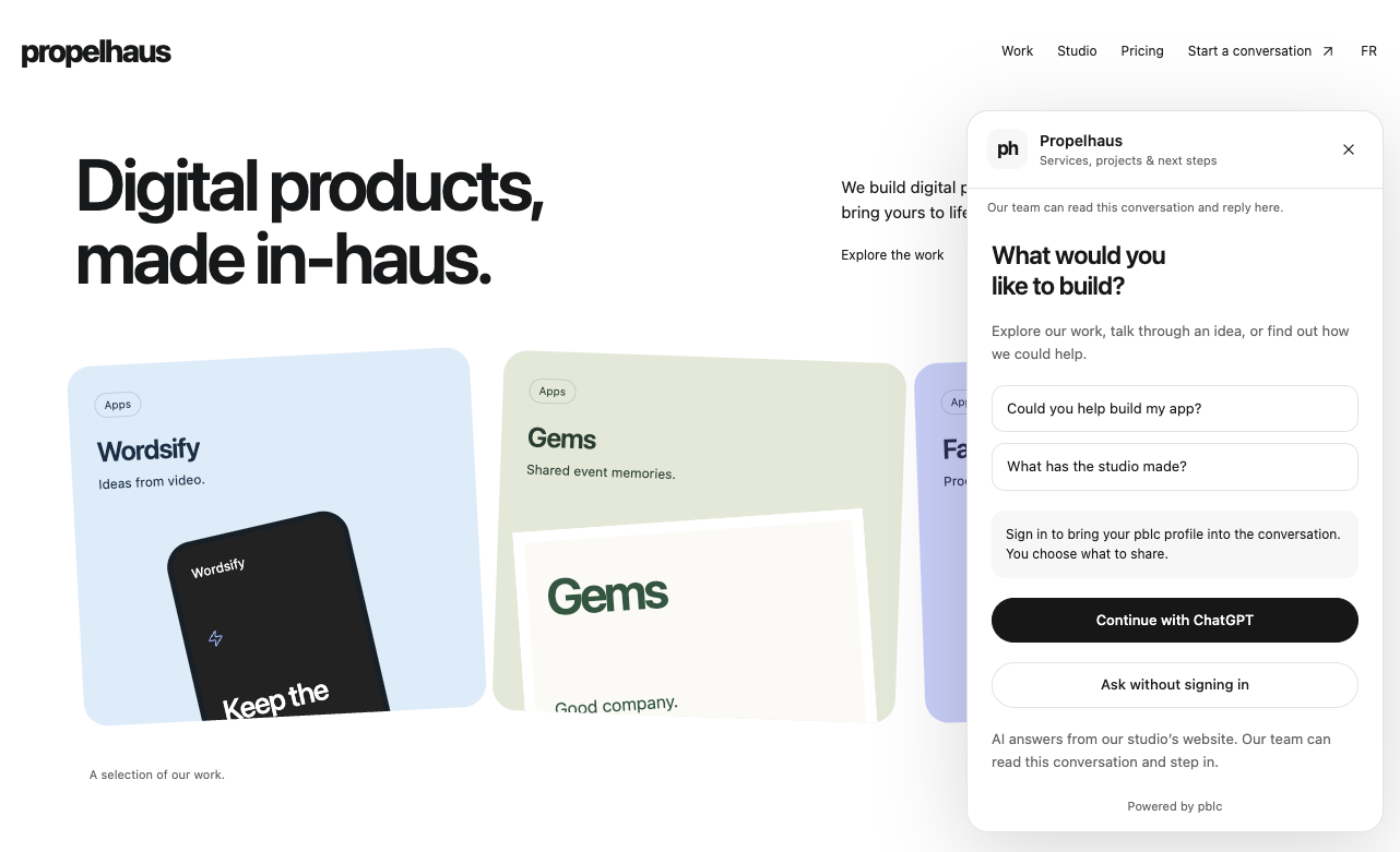 Propelhaus website with its pblc chat widget open. Visitors can ask about projects and services, continue with ChatGPT, or ask without signing in.